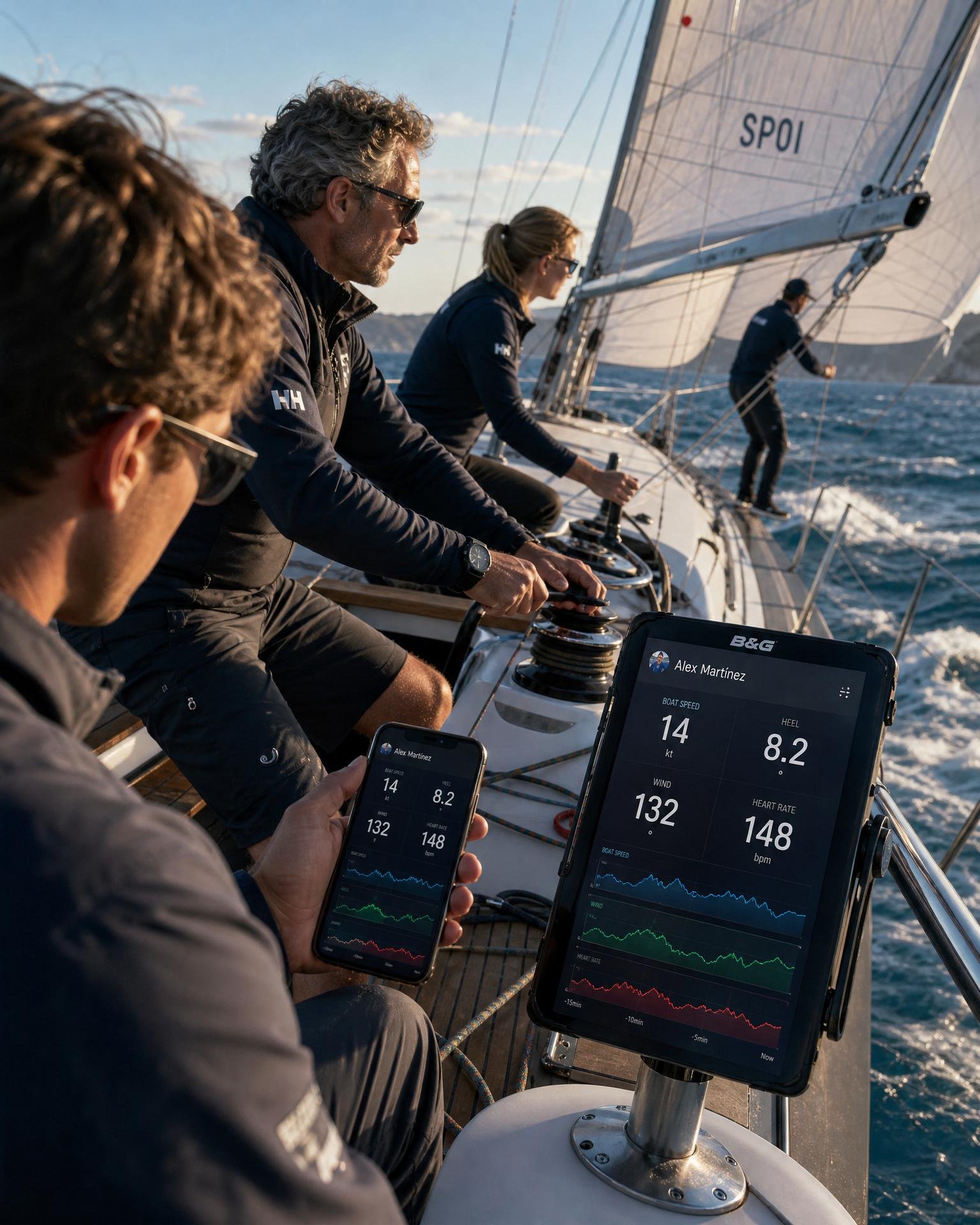 A sailing crew working together on deck during a regatta with live tactical data