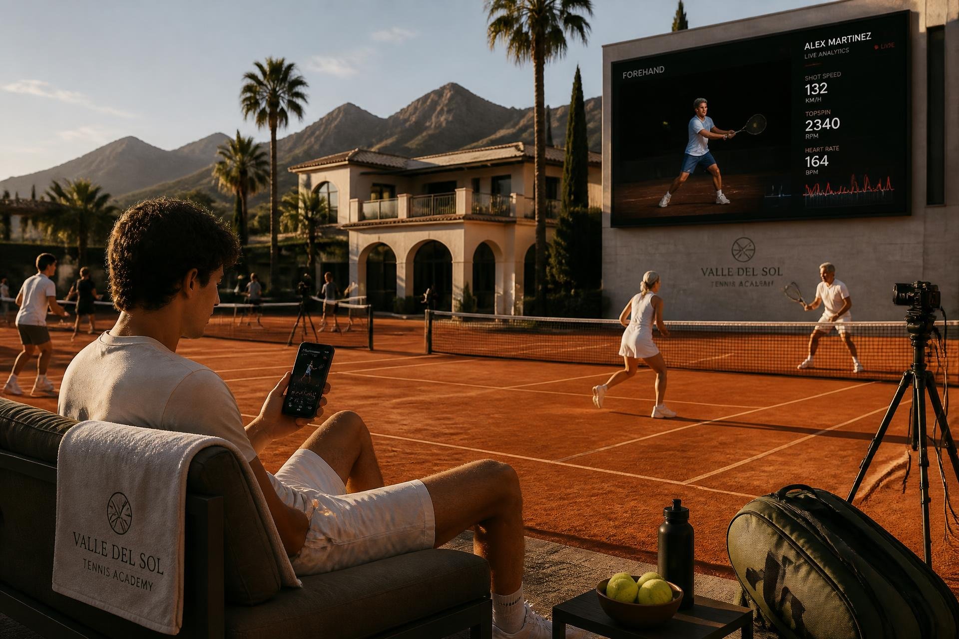 A tennis player walking onto a clay court at golden hour