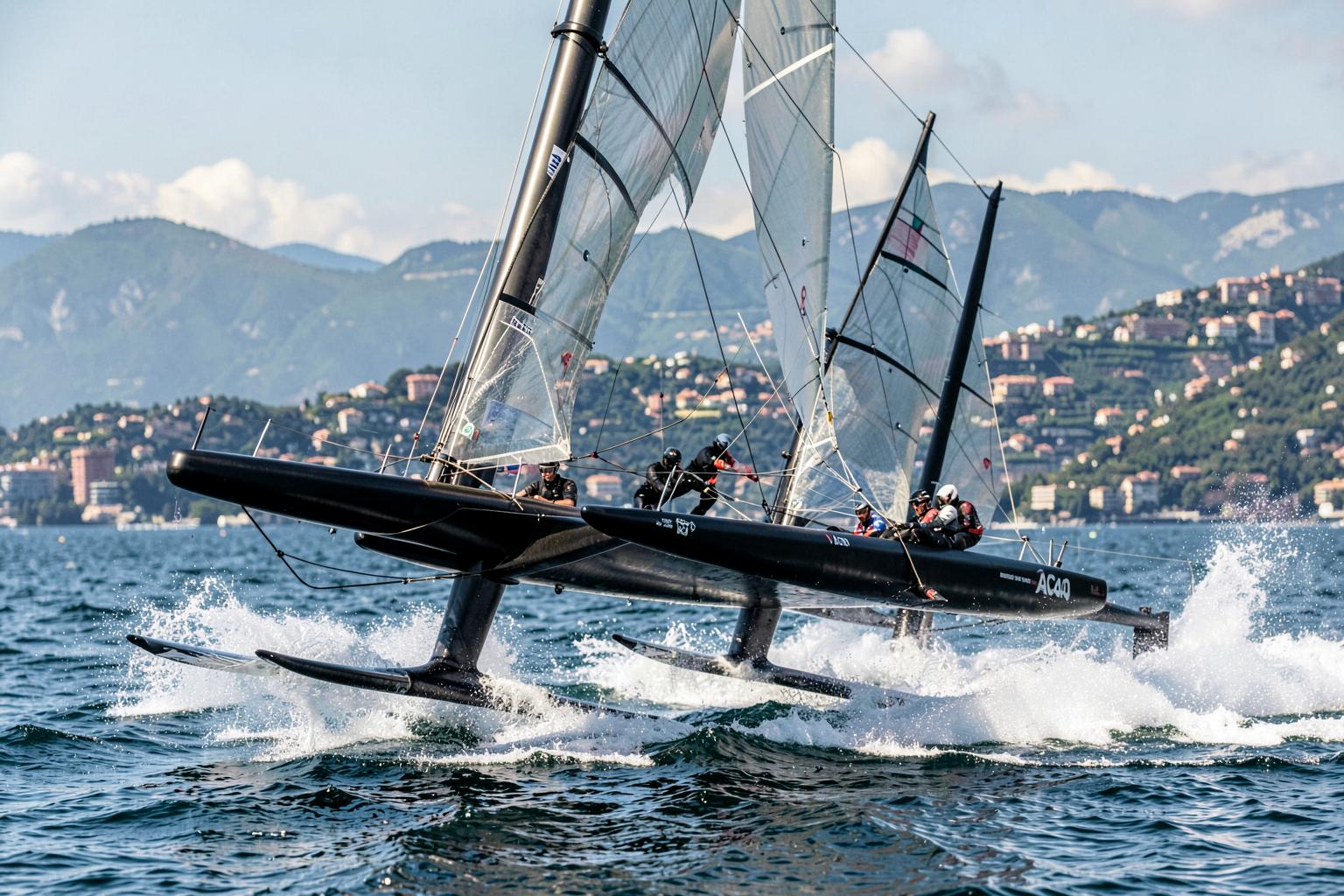 Two AC40 foiling yachts racing in the Bay of Naples with the coastline behind them.