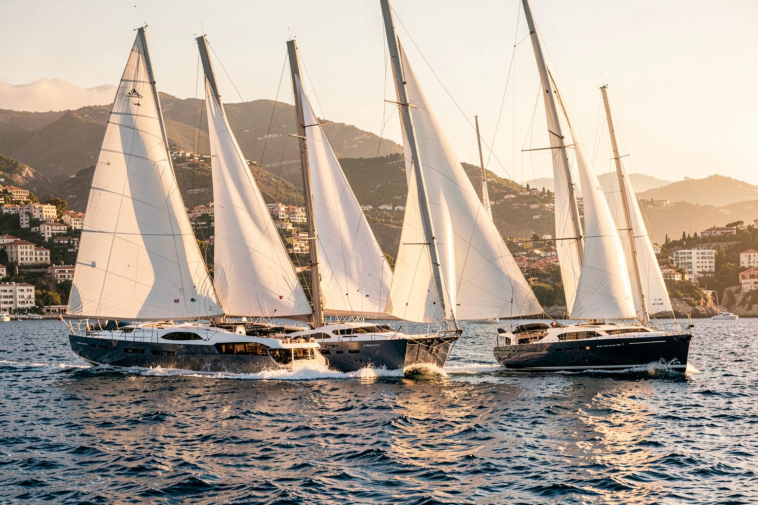 Large sailing superyachts racing off Porto Cervo in Mediterranean light.