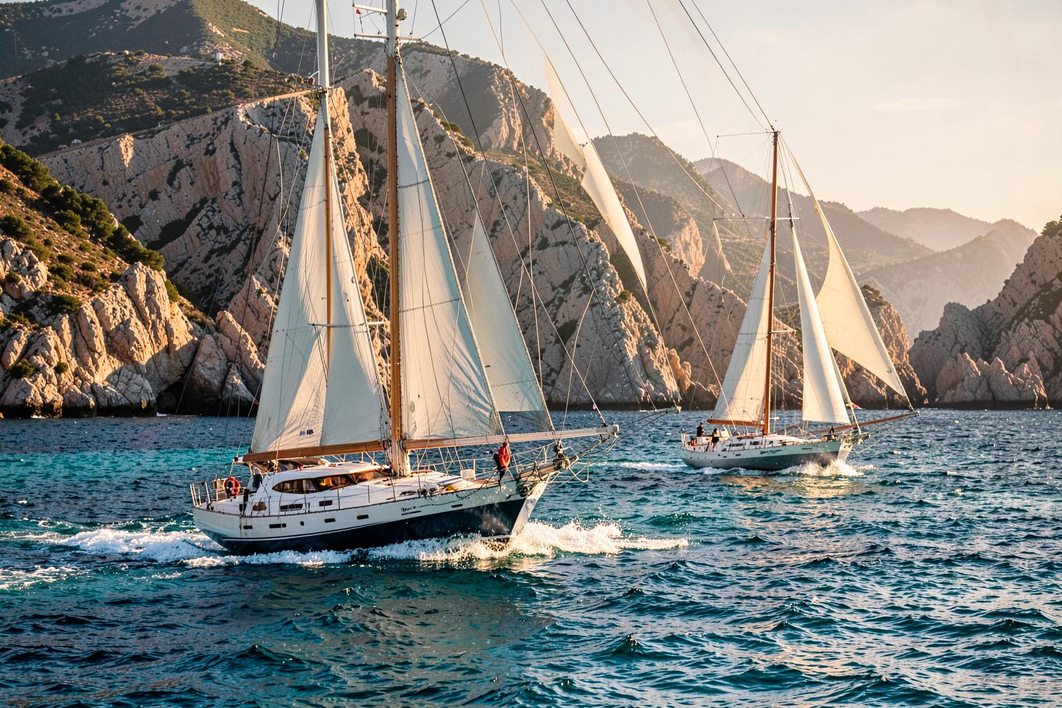 Maxi yachts racing between granite islands near Porto Cervo.
